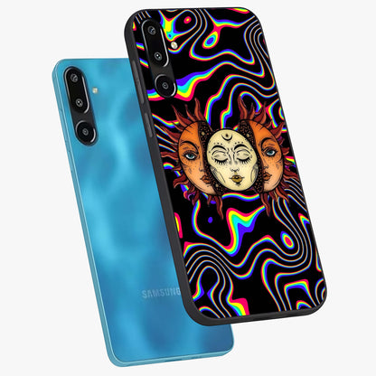 Psychedelic Sun Glass Case displayed in angled mockup highlighting vibrant abstract sun design with artistic aesthetic style.