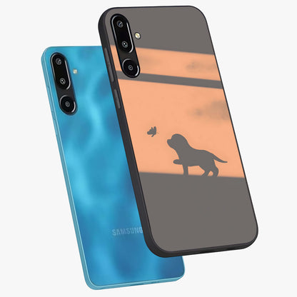 Puppy Shadow Art Glass Case displayed in angled mockup highlighting playful dog illustration with artistic shadow aesthetic.