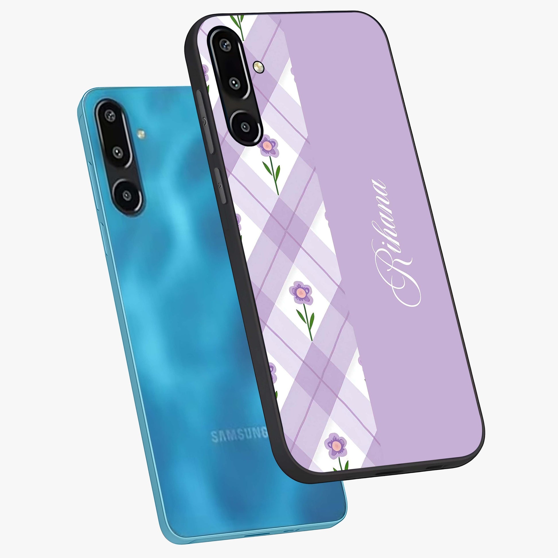 Purple Diamond Floral Glass Case displayed in angled mockup highlighting elegant purple flower design with decorative pattern.