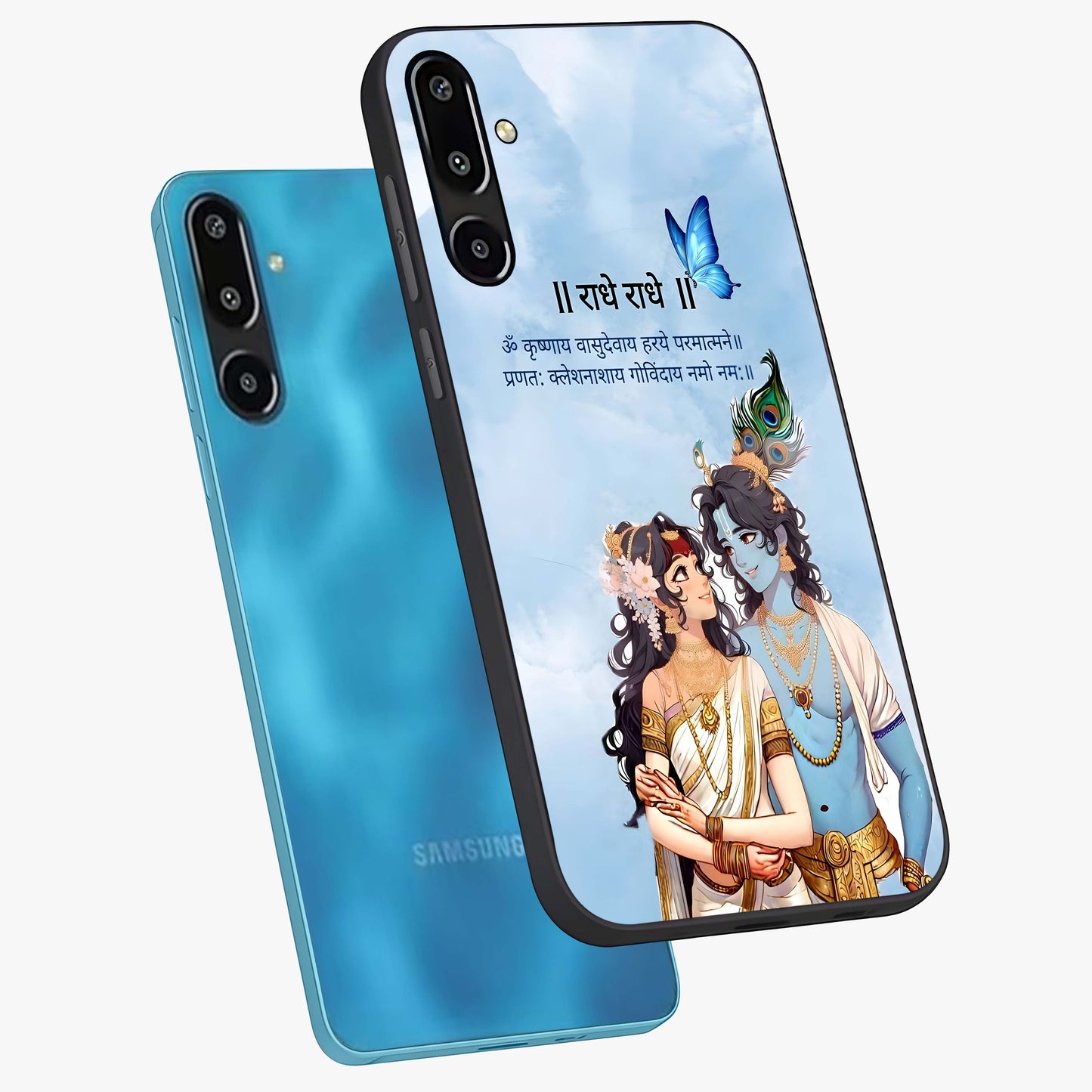 Radha Krishna Eternal Glass Case displayed in angled mockup highlighting divine Radha Krishna illustration with spiritual aesthetic.
