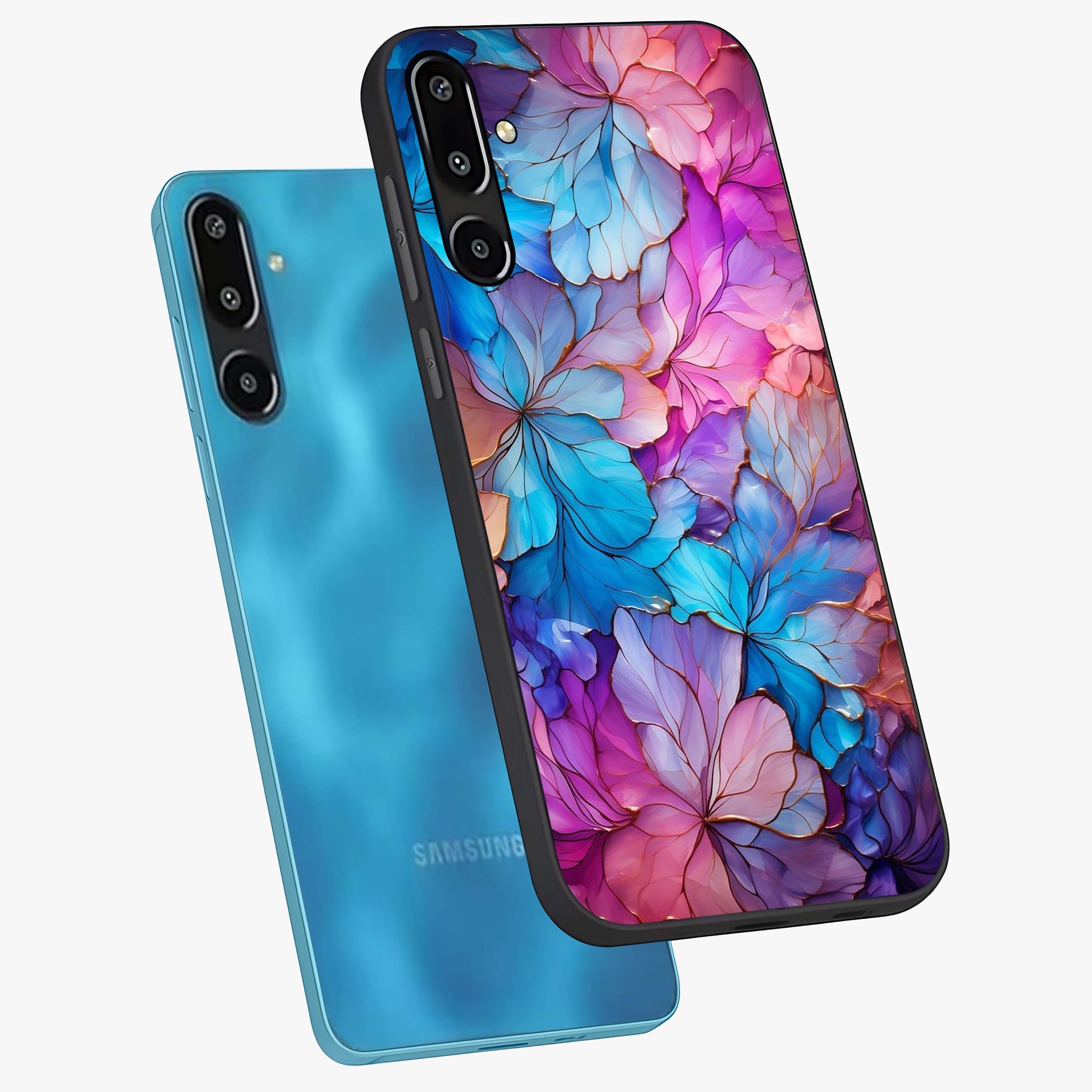 Radiant Floral Whirl Glass Case displayed in angled mockup highlighting vibrant flower pattern with dynamic artistic aesthetic.