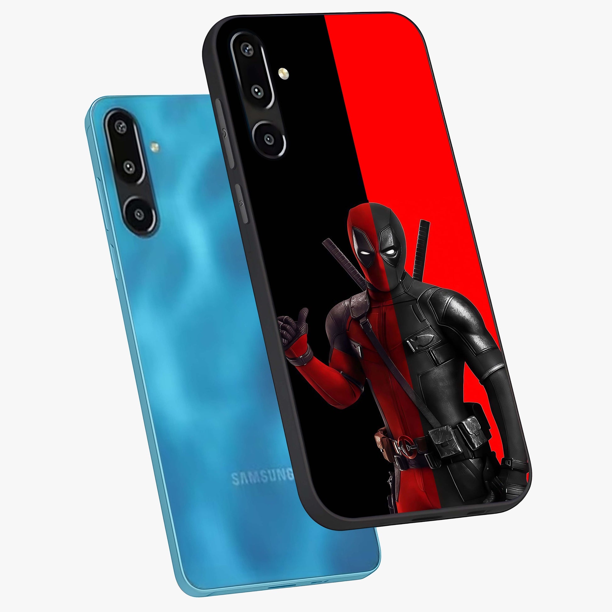 Red & Black Deadpool Theme Glass Case displayed in angled mockup highlighting vibrant superhero style illustration with action aesthetic.