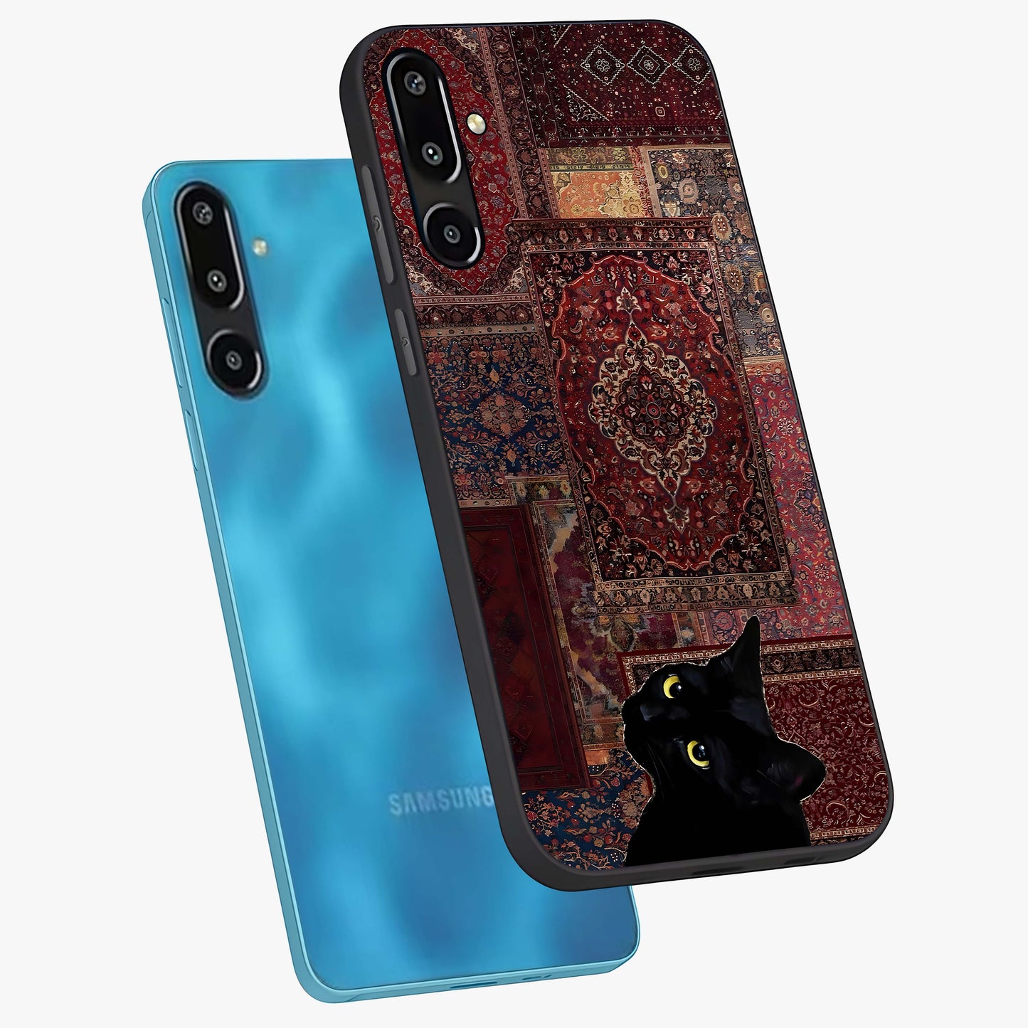 Regal Magic Cat Apple Glass Case displayed in angled mockup highlighting whimsical feline design with fantasy aesthetic.