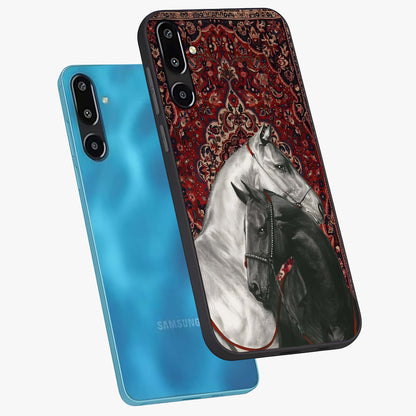 Regal Stallion Tapestry Glass Case displayed in angled mockup highlighting royal stallion design with decorative heritage aesthetic.