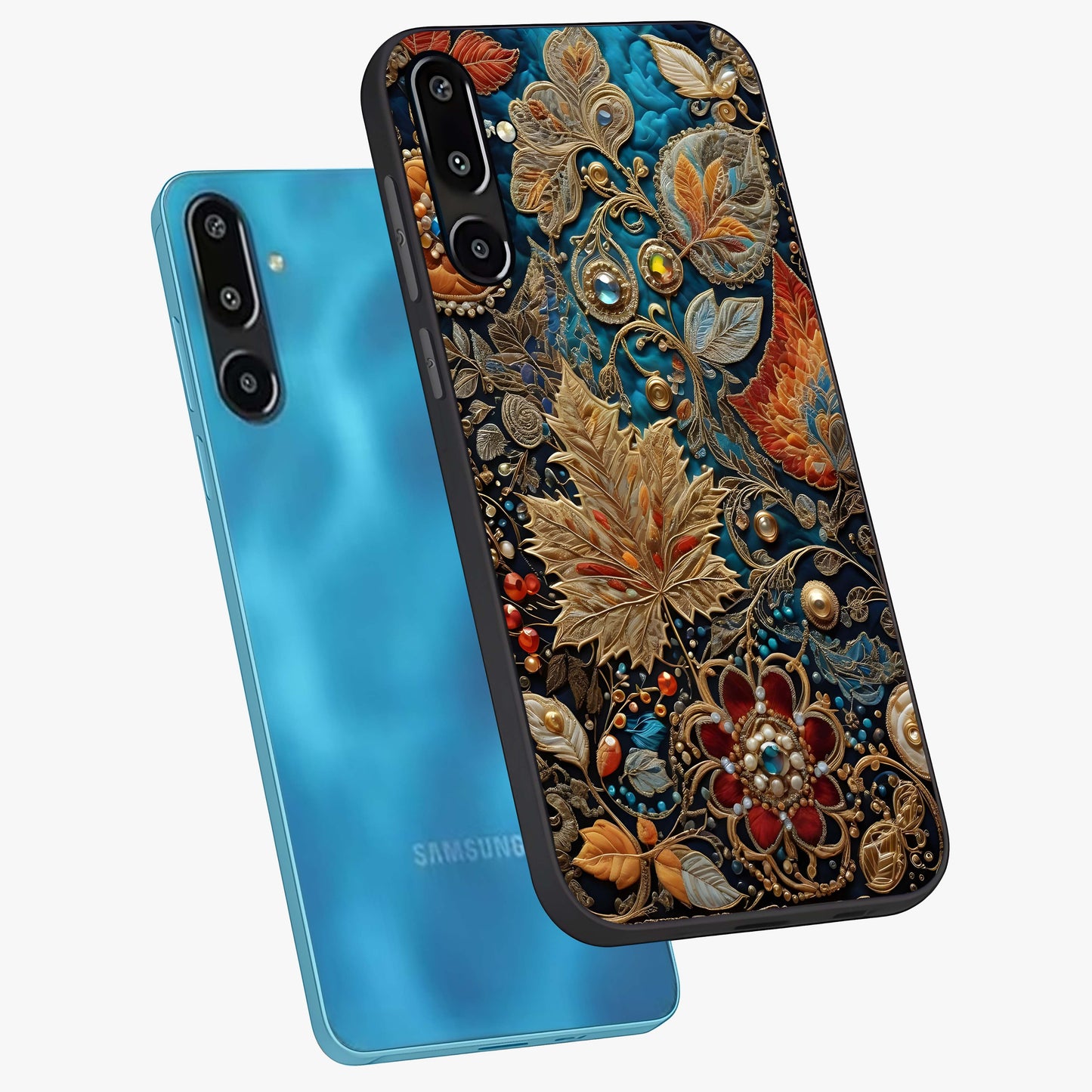 Royal Jewel Garden Glass Case displayed in angled mockup highlighting vibrant jewel inspired floral design with elegant aesthetic.