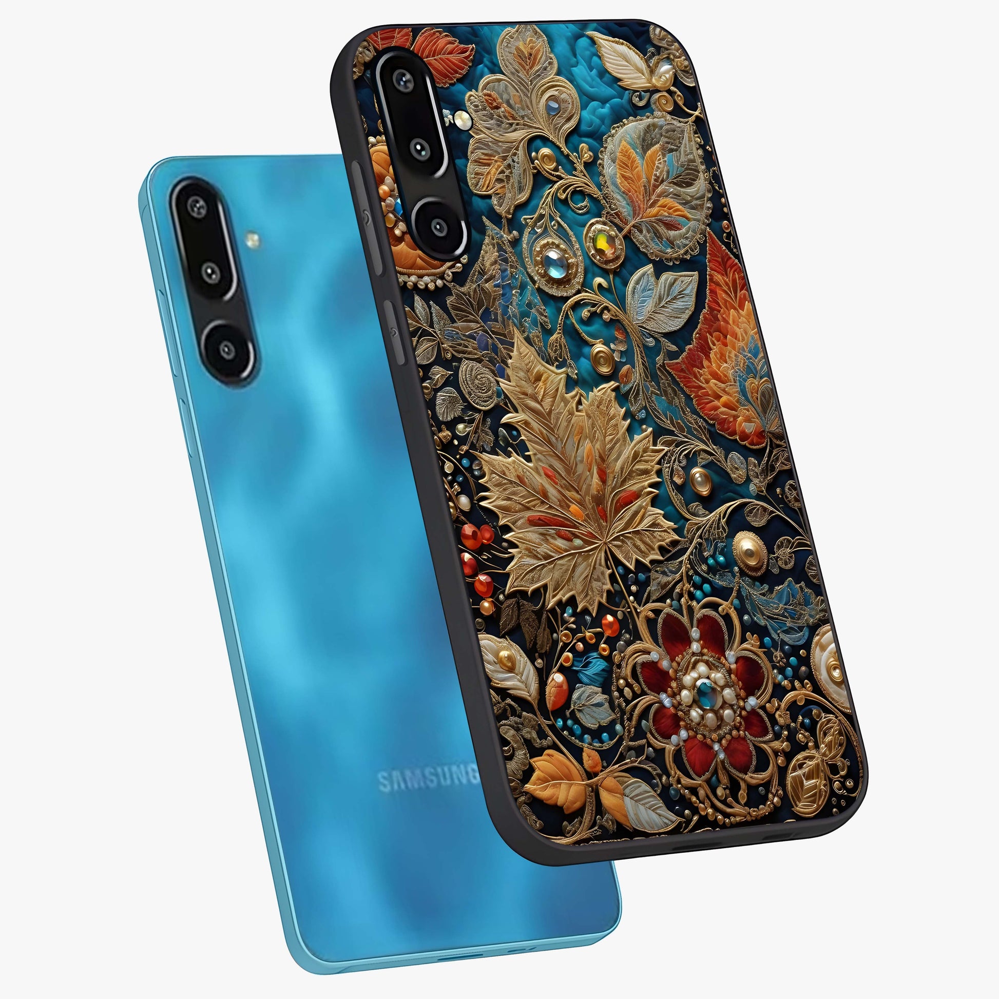Royal Jewel Garden Glass Case displayed in angled mockup highlighting vibrant jewel inspired floral design with elegant aesthetic.