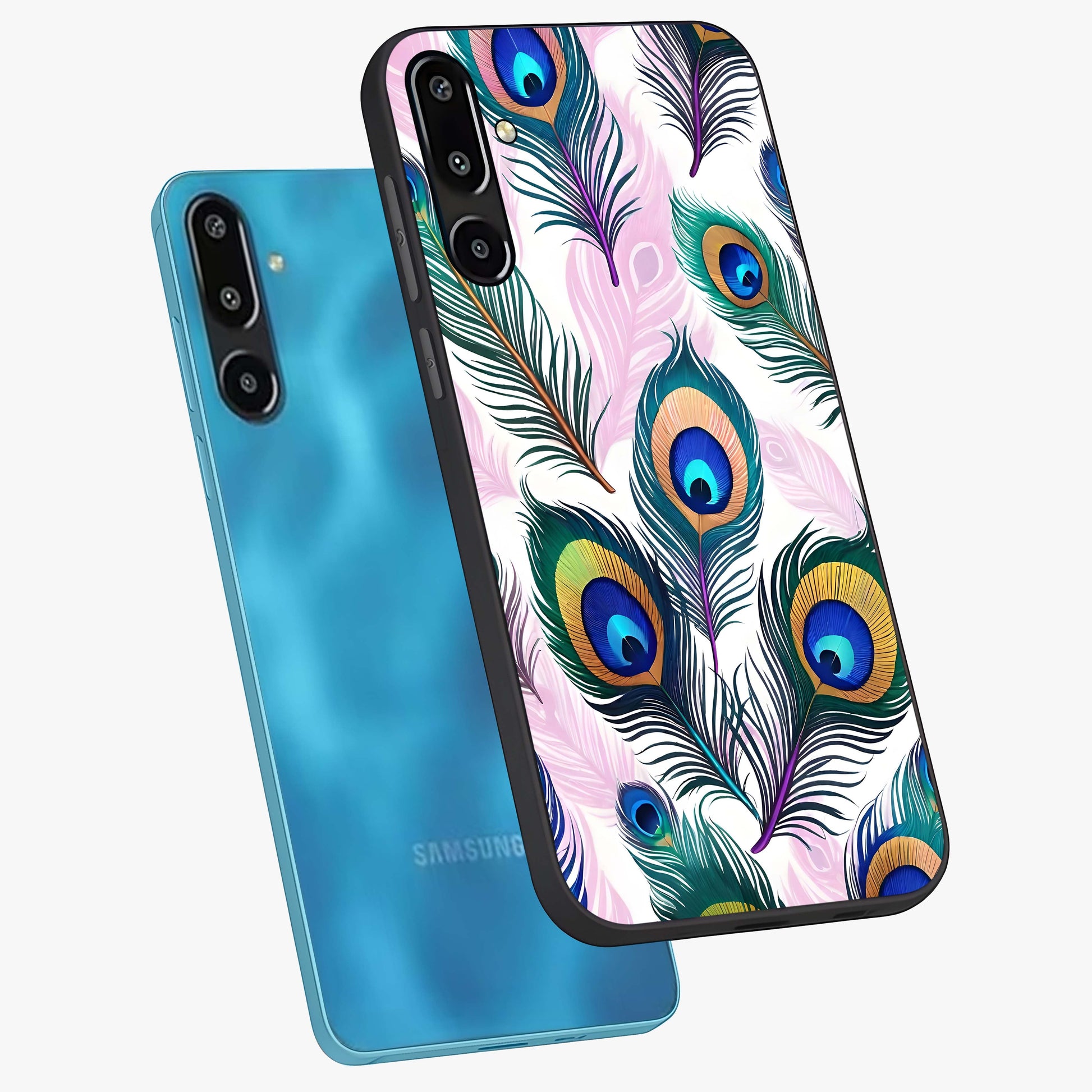 Royal Peacock Feathers Glass Case displayed in angled mockup highlighting vibrant feather pattern with regal aesthetic style.
