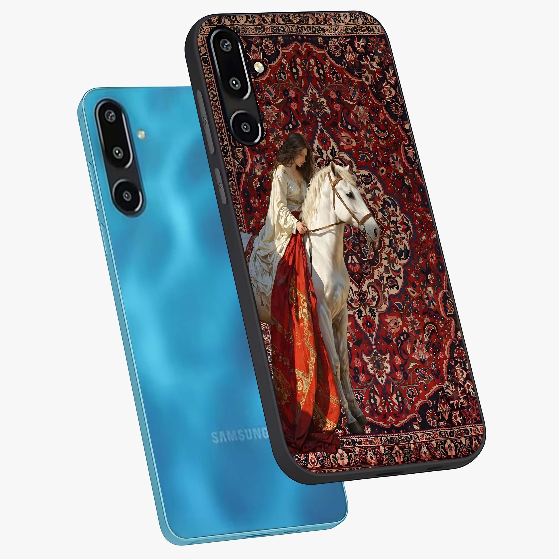 Royal Rider Tapestry Glass Case displayed in angled mockup highlighting traditional tapestry design with royal heritage aesthetic.