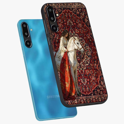 Royal Rider Tapestry Glass Case displayed in angled mockup highlighting traditional tapestry design with royal heritage aesthetic.
