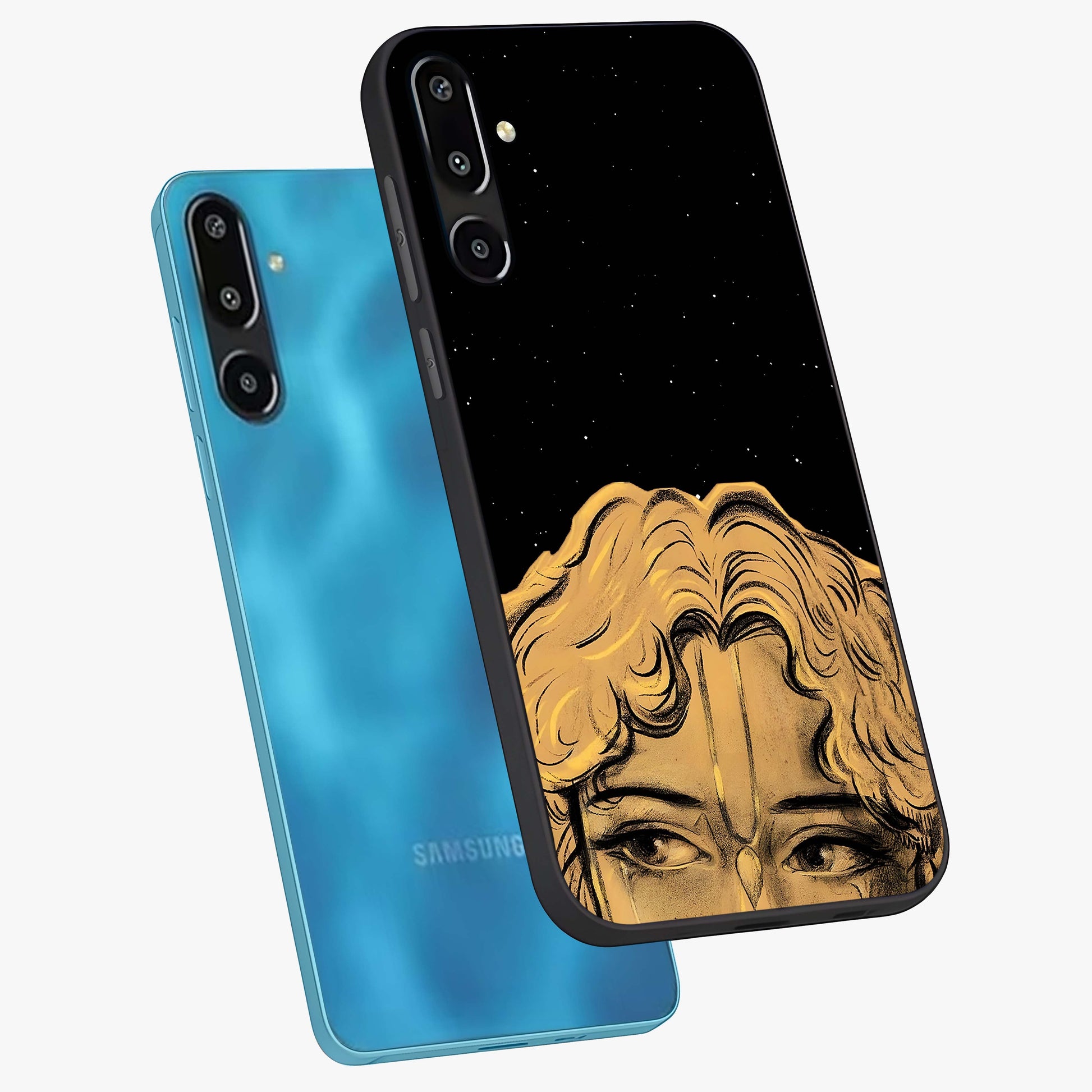 Shri Krishna Art Glass Case displayed in angled mockup highlighting spiritual Krishna illustration with divine aesthetic.