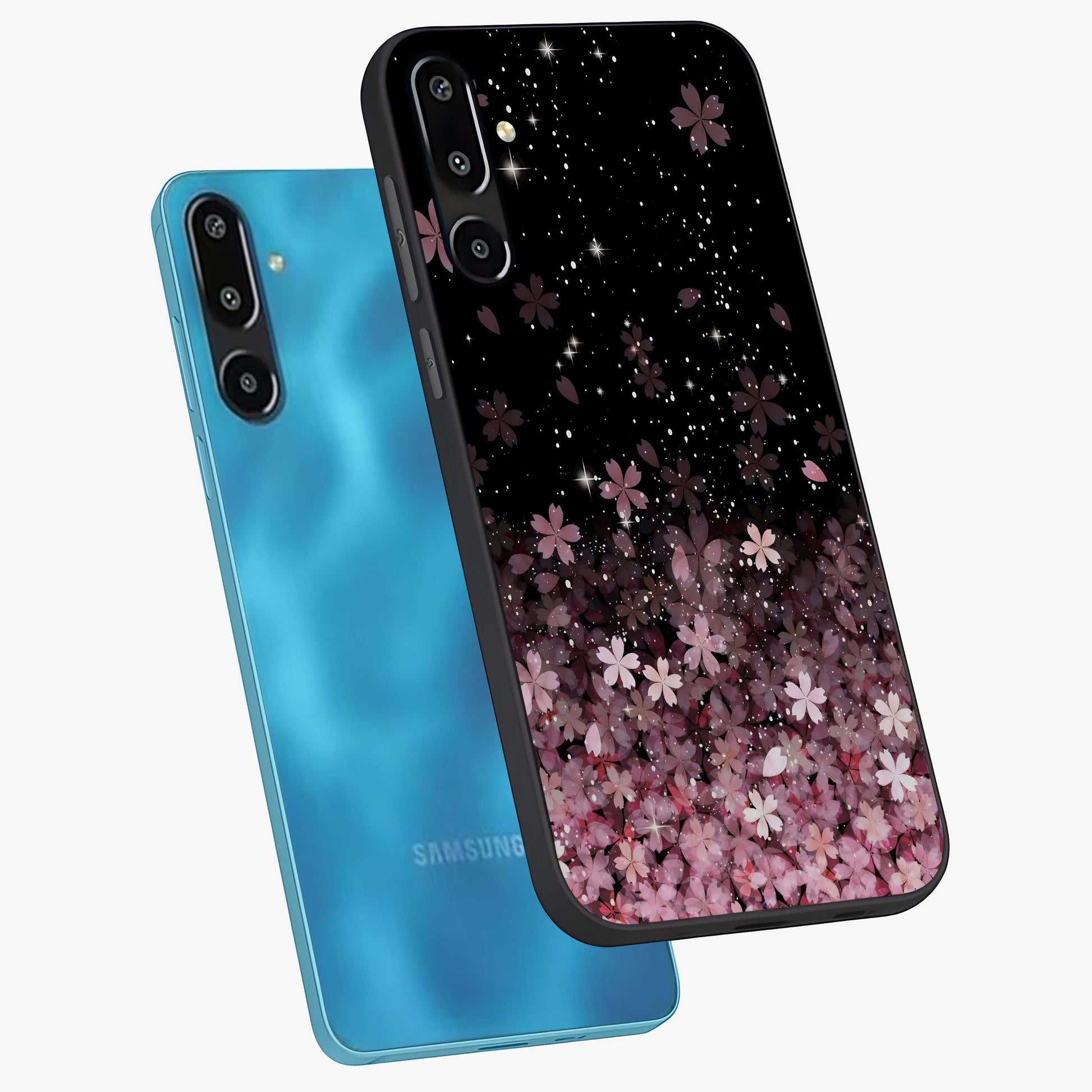 Small Starry Flowers Glass Case displayed in angled mockup highlighting tiny flower pattern with celestial aesthetic style.