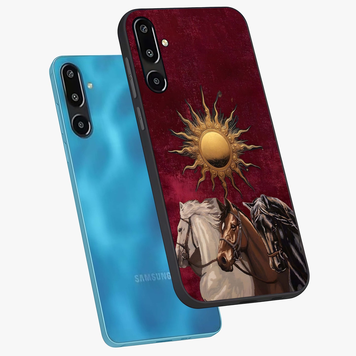 Solar Riders Glass Case displayed in angled mockup highlighting powerful rider illustration with radiant solar aesthetic.