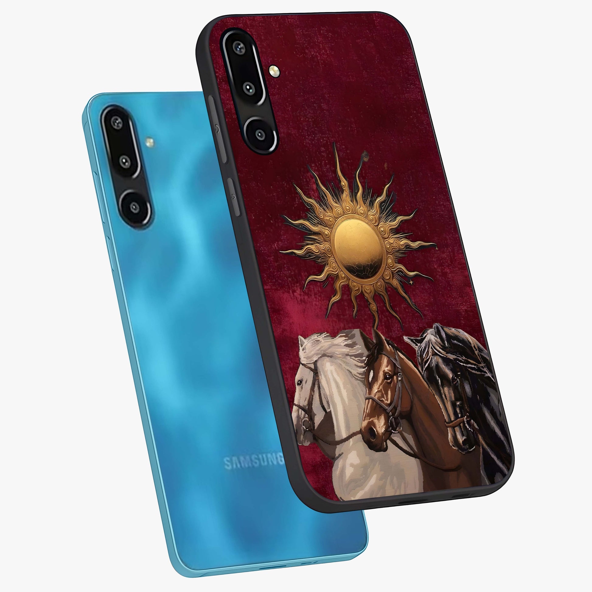 Solar Riders Glass Case displayed in angled mockup highlighting powerful rider illustration with radiant solar aesthetic.