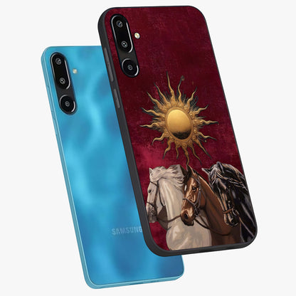 Solar Riders Glass Case displayed in angled mockup highlighting powerful rider illustration with radiant solar aesthetic.