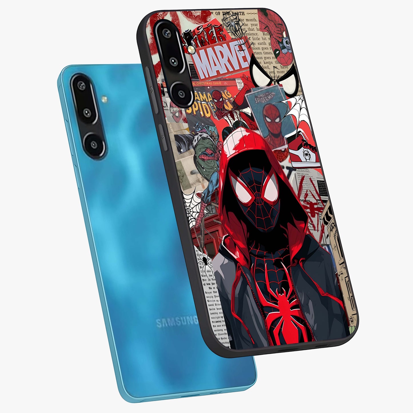 Spider Collage Street Glass Case displayed in angled mockup highlighting dynamic street style collage design with comic aesthetic.