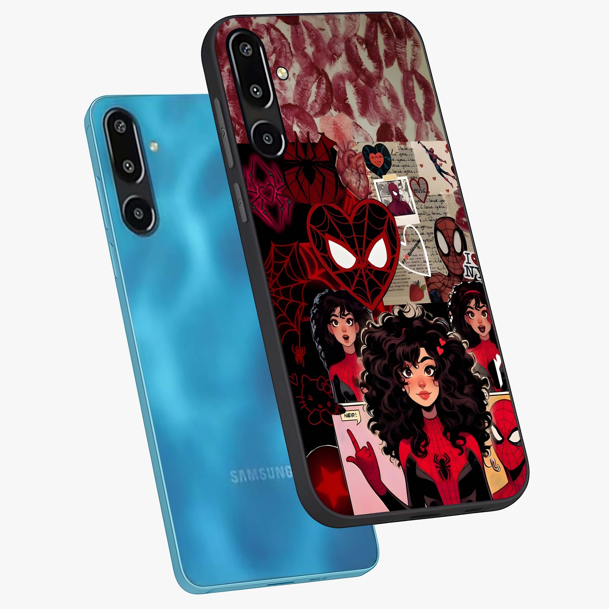 Spider Love Story Glass Case displayed in angled mockup highlighting expressive comic inspired design with playful aesthetic.