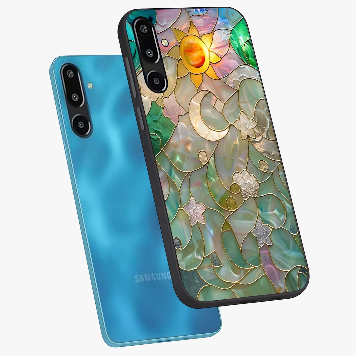 Stained Sunrise Glow Glass Case displayed in angled mockup highlighting radiant sunrise design with artistic aesthetic style.
