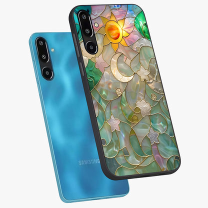 Stained Sunrise Glow Glass Case displayed in angled mockup highlighting radiant sunrise design with artistic aesthetic style.