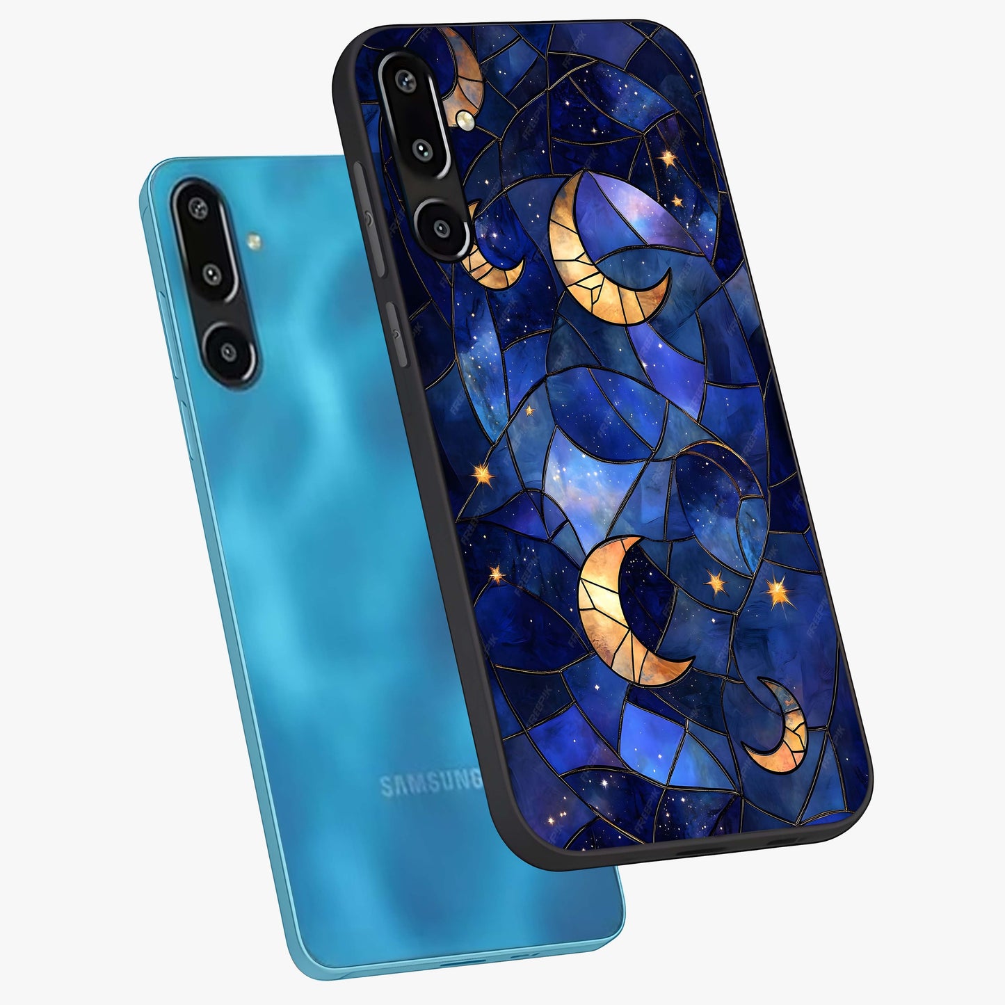 Starlit Sky Tapestry Glass Case displayed in angled mockup highlighting celestial night pattern with artistic aesthetic style.