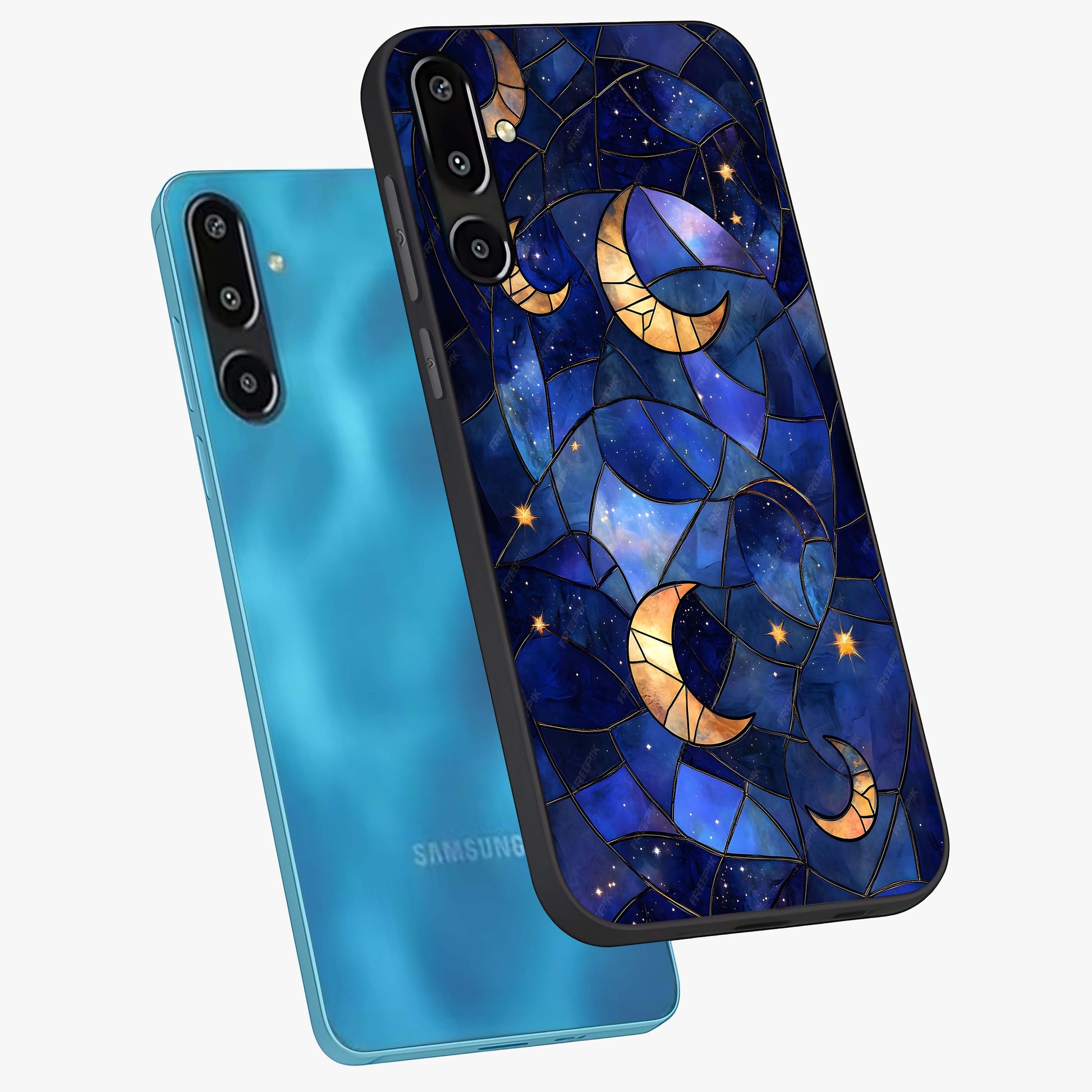Starlit Sky Tapestry Glass Case displayed in angled mockup highlighting celestial night pattern with artistic aesthetic style.