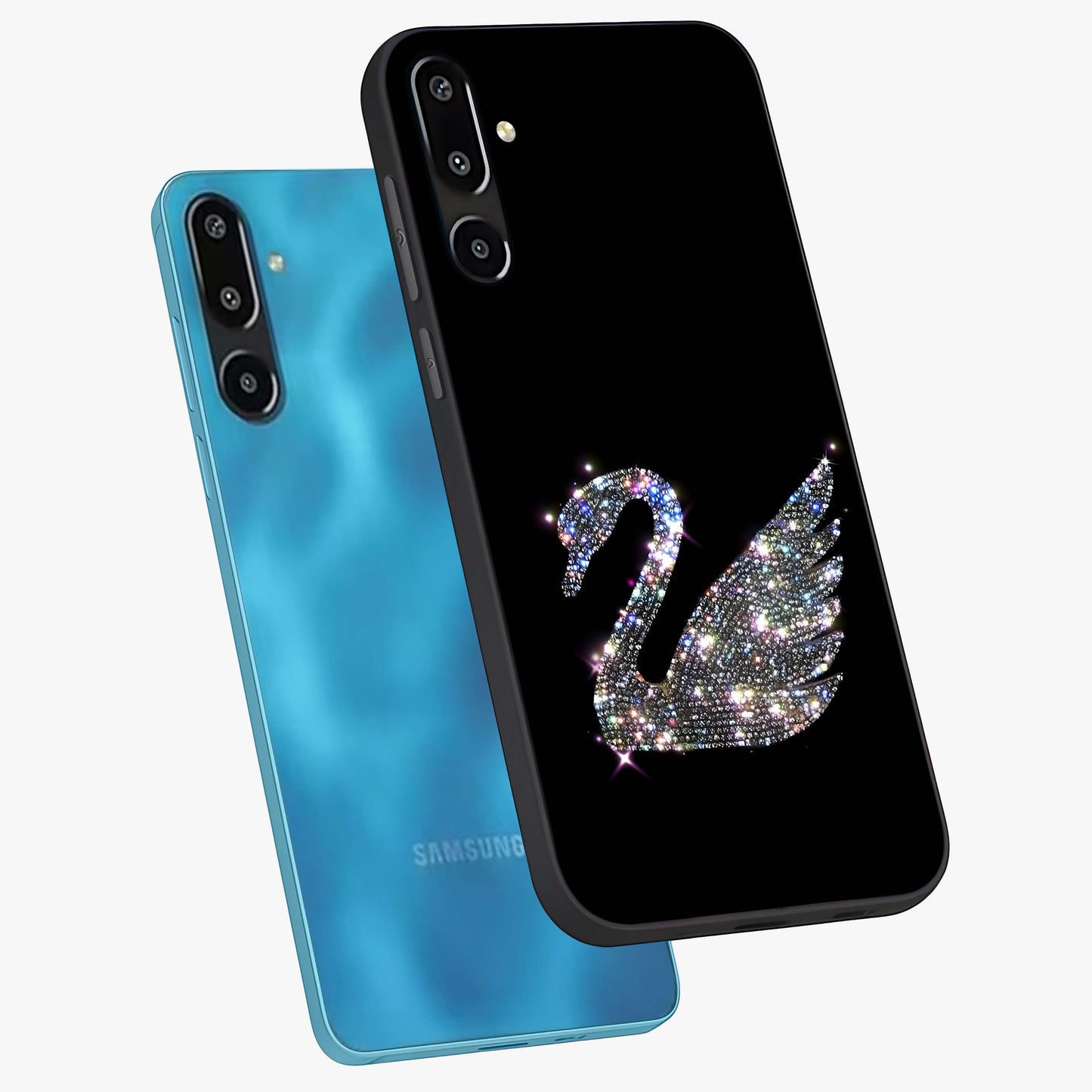 Starlit Swan Grace Glass Case displayed in angled mockup highlighting elegant swan illustration with dreamy celestial aesthetic.