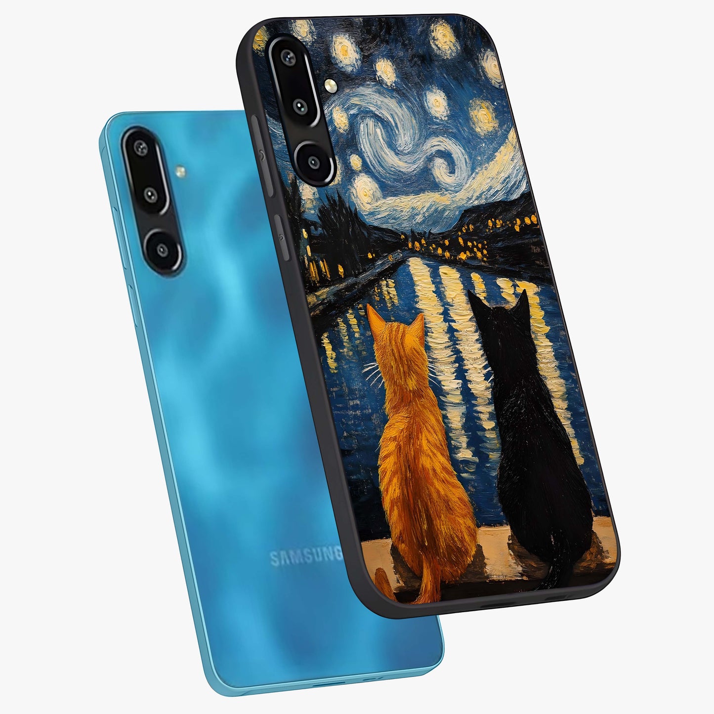 Starry River Cats Glass Case displayed in angled mockup highlighting charming feline illustration with dreamy night aesthetic.