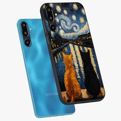 Starry River Cats Glass Case displayed in angled mockup highlighting charming feline illustration with dreamy night aesthetic.