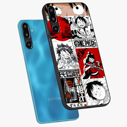 Strawhat Chaos Panels Glass Case displayed in angled mockup highlighting vibrant anime collage design with action aesthetic.