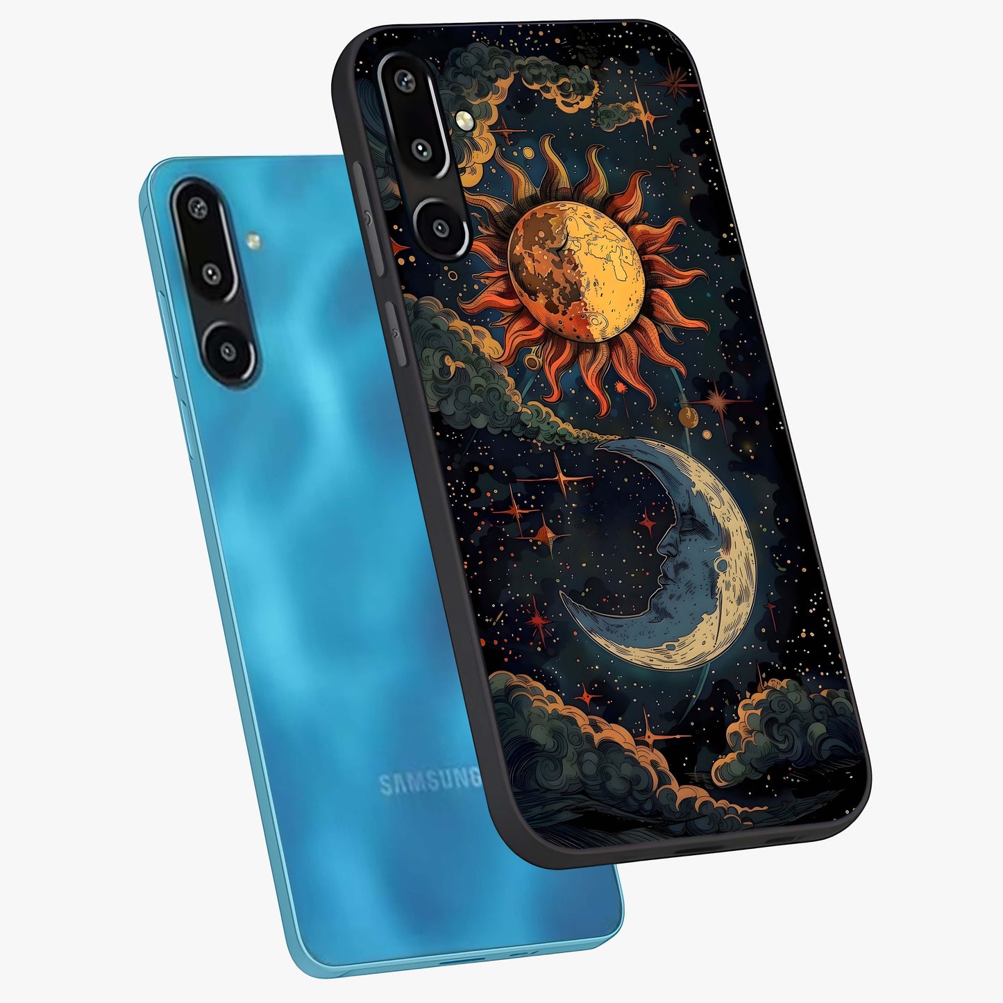 Sun And Moon Magic Design Glass Case displayed in angled mockup highlighting celestial design with magical cosmic aesthetic.
