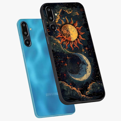 Sun And Moon Magic Design Glass Case displayed in angled mockup highlighting celestial design with magical cosmic aesthetic.