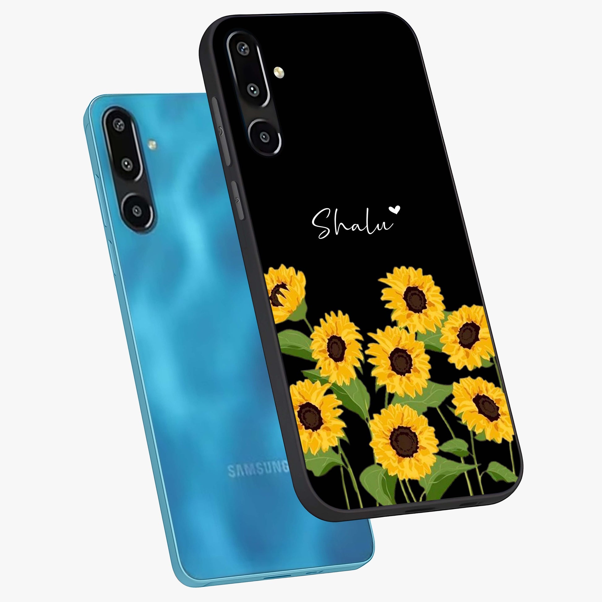 Sunflower Chic Mood Custom Name Glass Case displayed in angled mockup highlighting vibrant sunflower design with custom name feature.