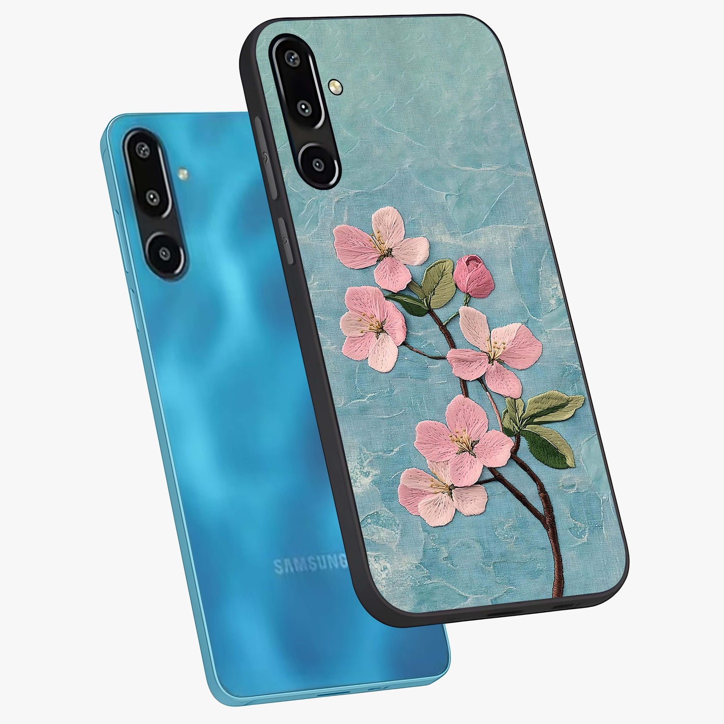 Threaded Blossom Breeze Glass Case displayed in angled mockup highlighting elegant floral design with soft aesthetic style.