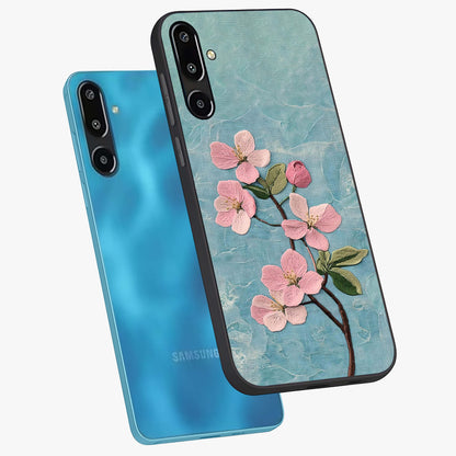 Threaded Blossom Breeze Glass Case displayed in angled mockup highlighting elegant floral design with soft aesthetic style.