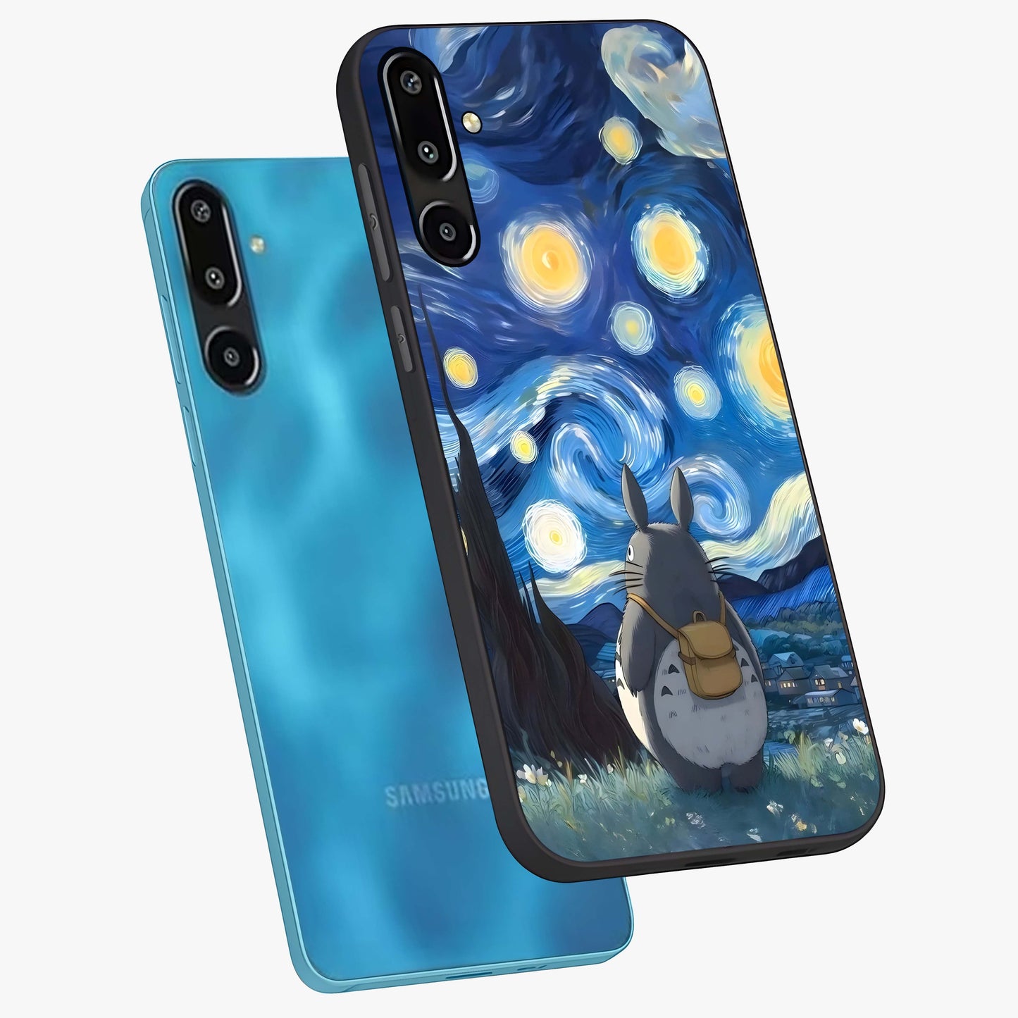Totoro In Van Gogh Art Glass Case displayed in angled mockup highlighting artistic swirling sky design with playful animation aesthetic.