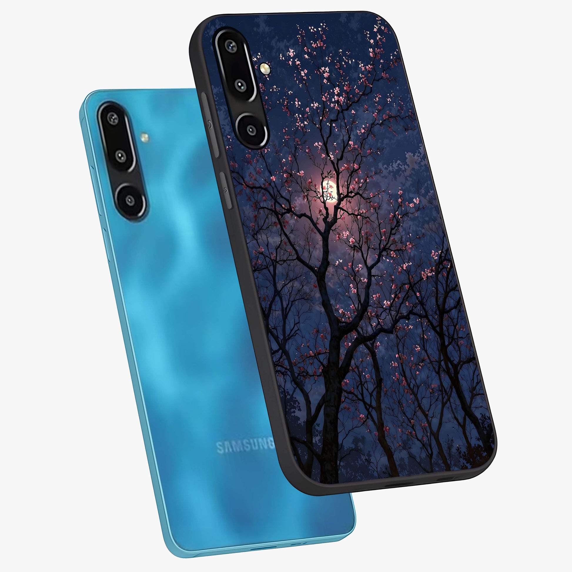 Twilight Sakura Serenade Glass Case displayed in angled mockup highlighting delicate sakura flower design with dreamy aesthetic.