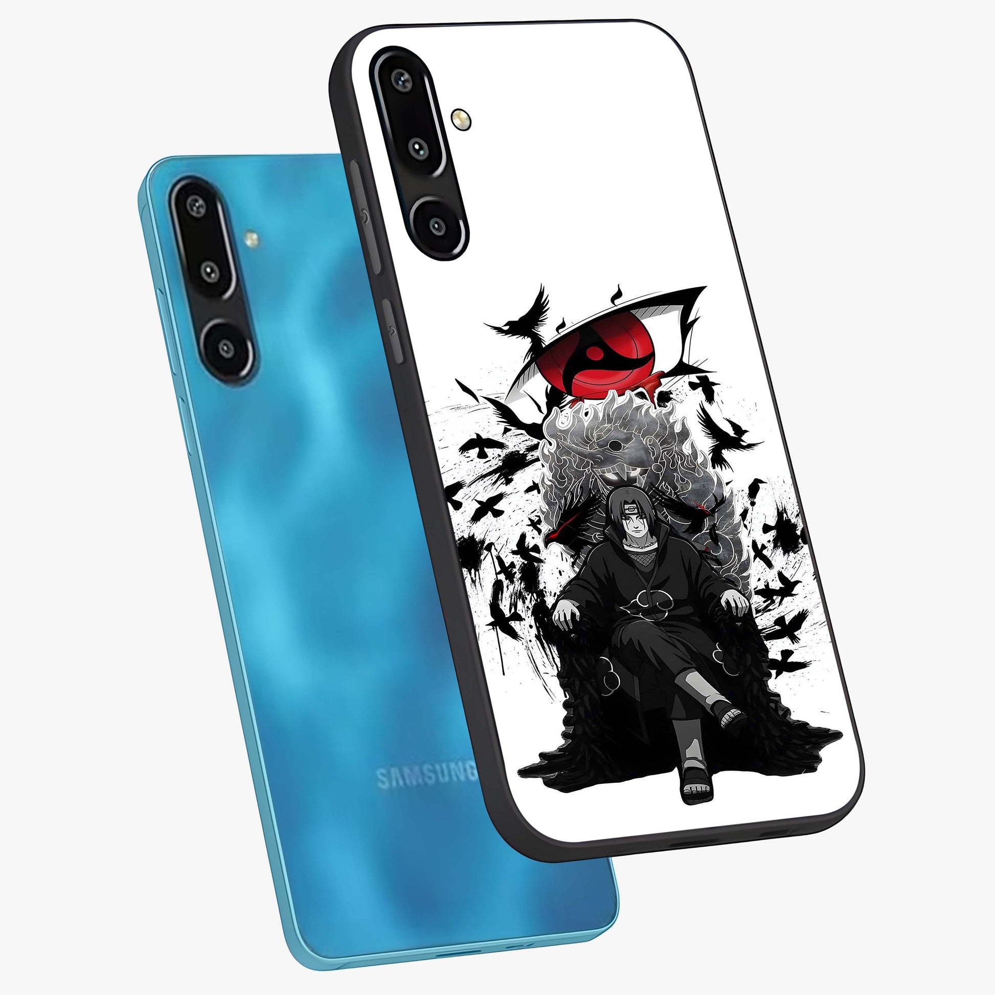 Uchiha Shadow Throne Glass Case displayed in angled mockup highlighting glowing aquatic design with celestial aesthetic.