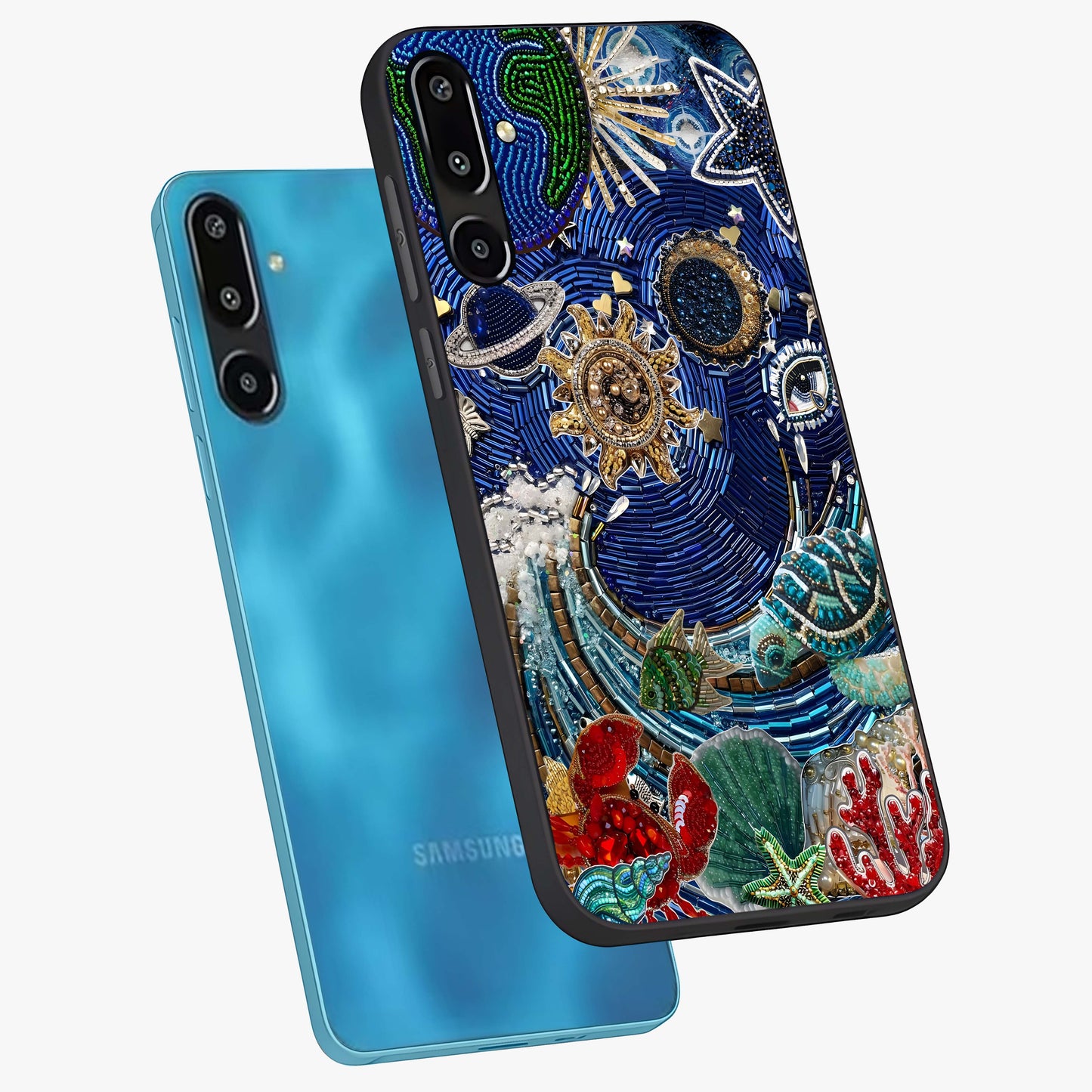 Universe Underwater Spark Glass Case displayed in angled mockup highlighting glowing aquatic design with celestial aesthetic.