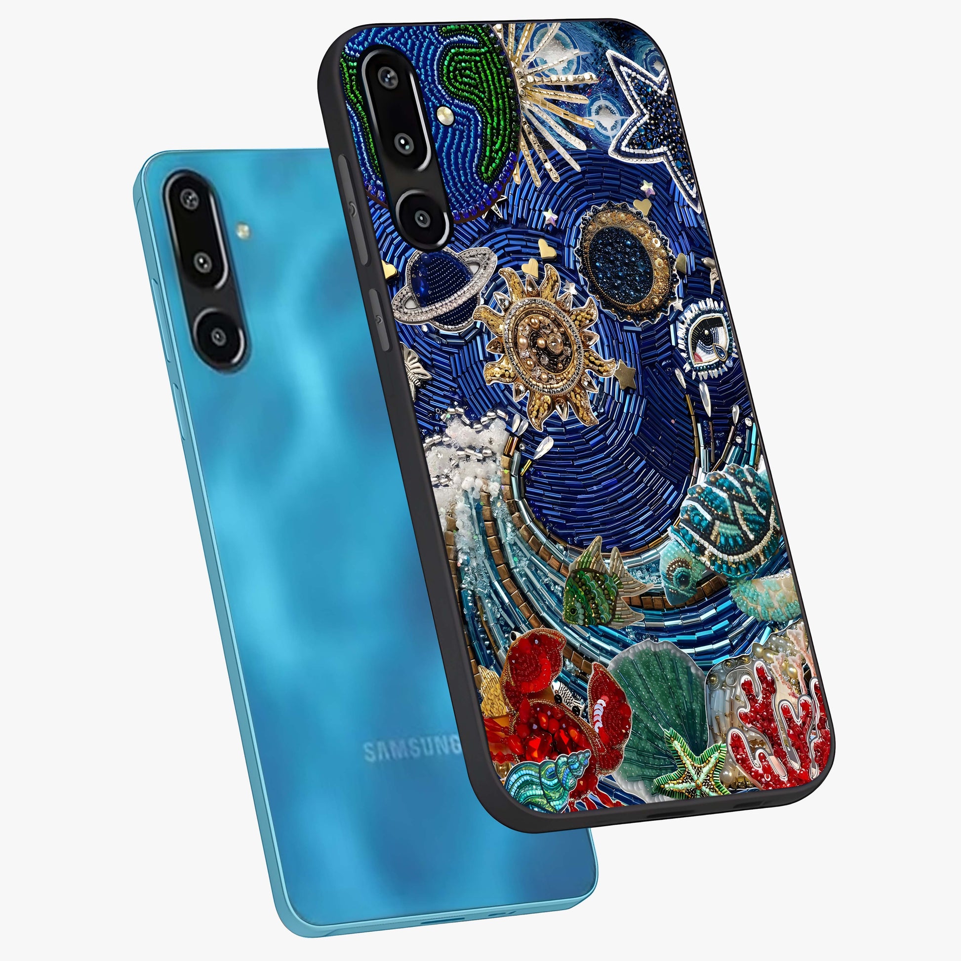 Universe Underwater Spark Glass Case displayed in angled mockup highlighting glowing aquatic design with celestial aesthetic.