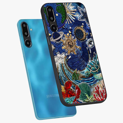 Universe Underwater Spark Glass Case displayed in angled mockup highlighting glowing aquatic design with celestial aesthetic.