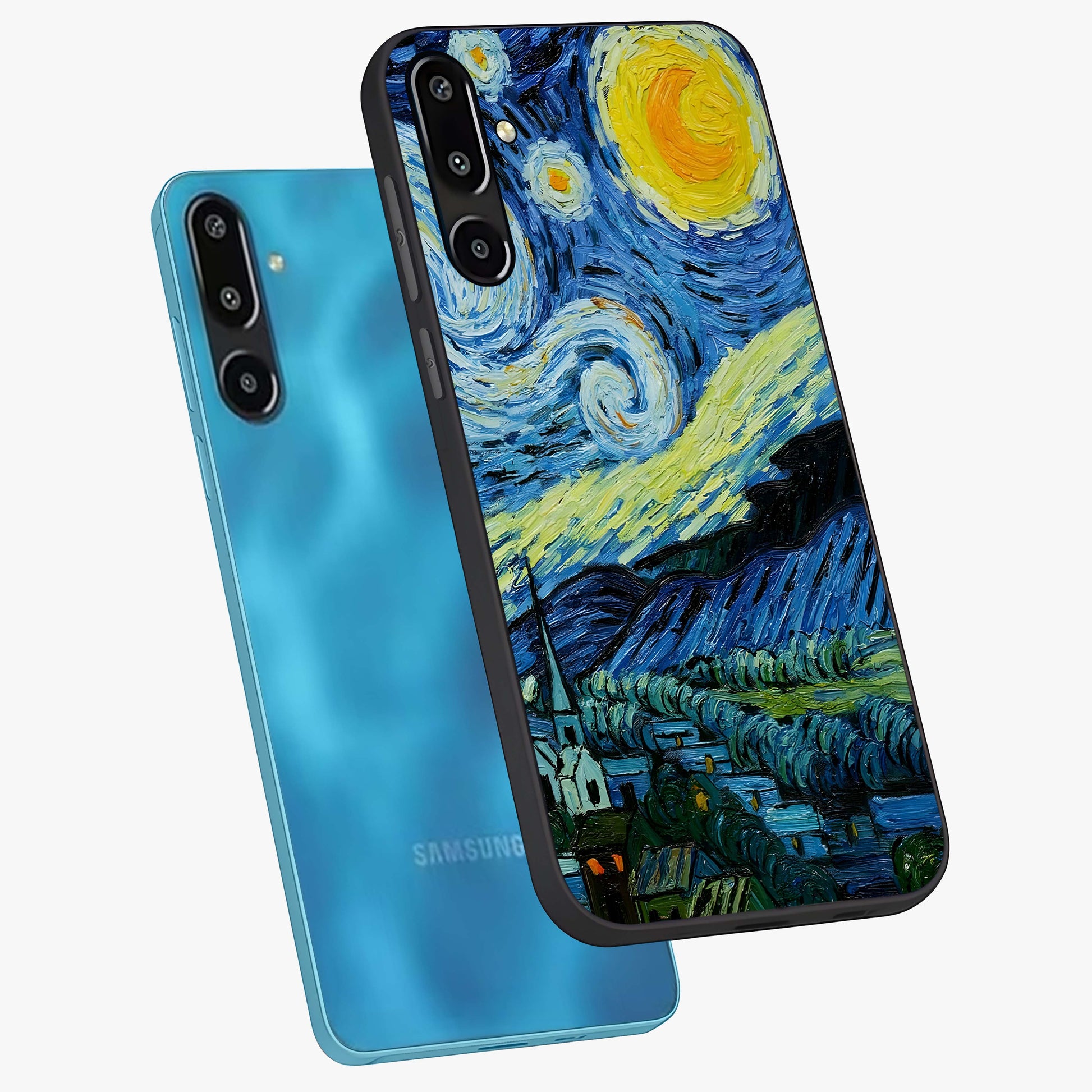 Van Gogh Art Glass Case displayed in angled mockup highlighting swirling brushstroke design with artistic aesthetic.