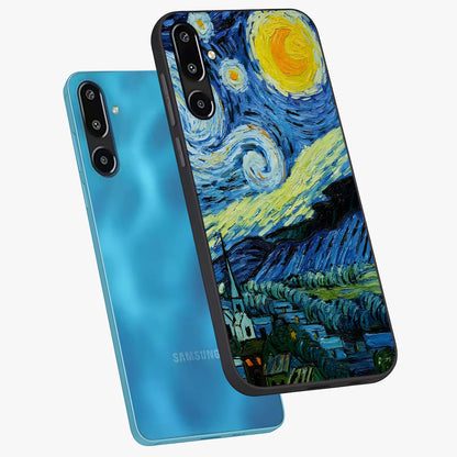 Van Gogh Art Glass Case displayed in angled mockup highlighting swirling brushstroke design with artistic aesthetic.