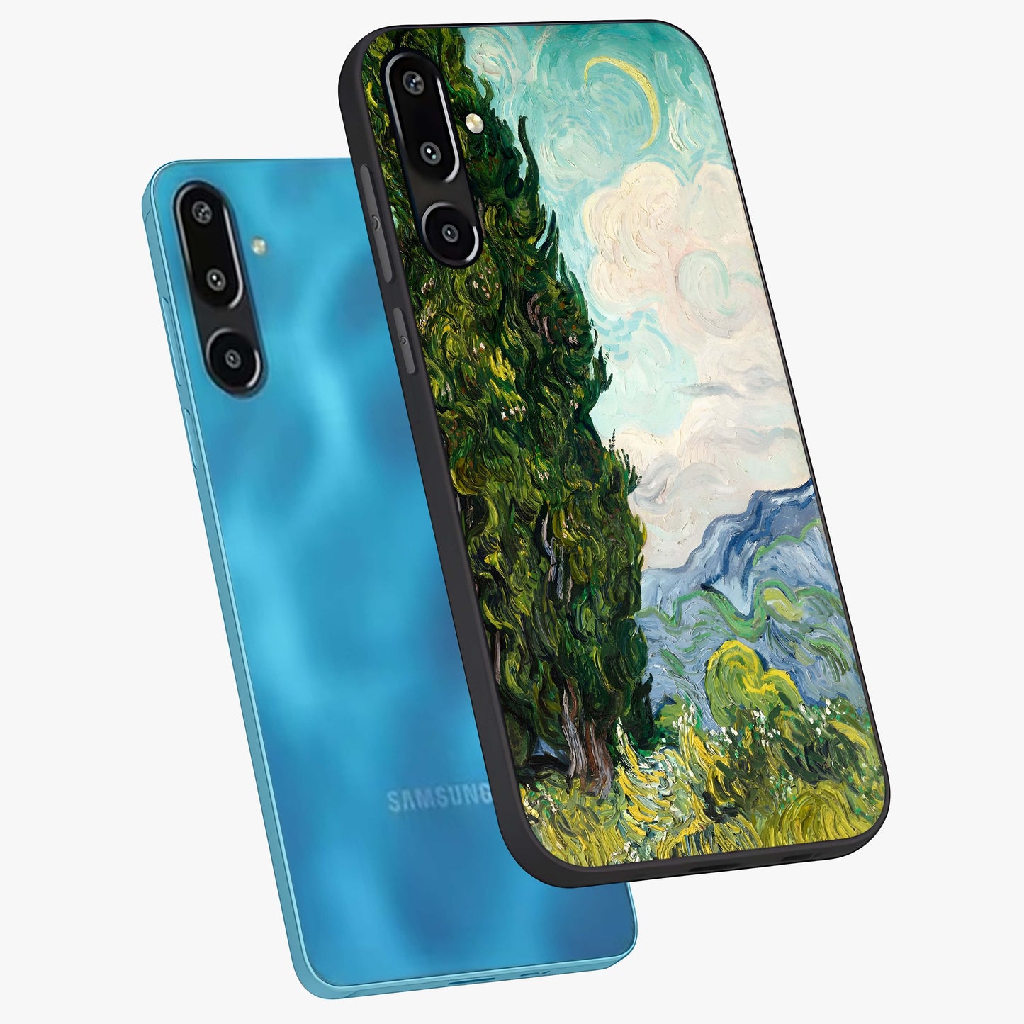 Van Gogh Vintage Art Glass Case displayed in angled mockup highlighting textured brushstroke design with classic aesthetic.