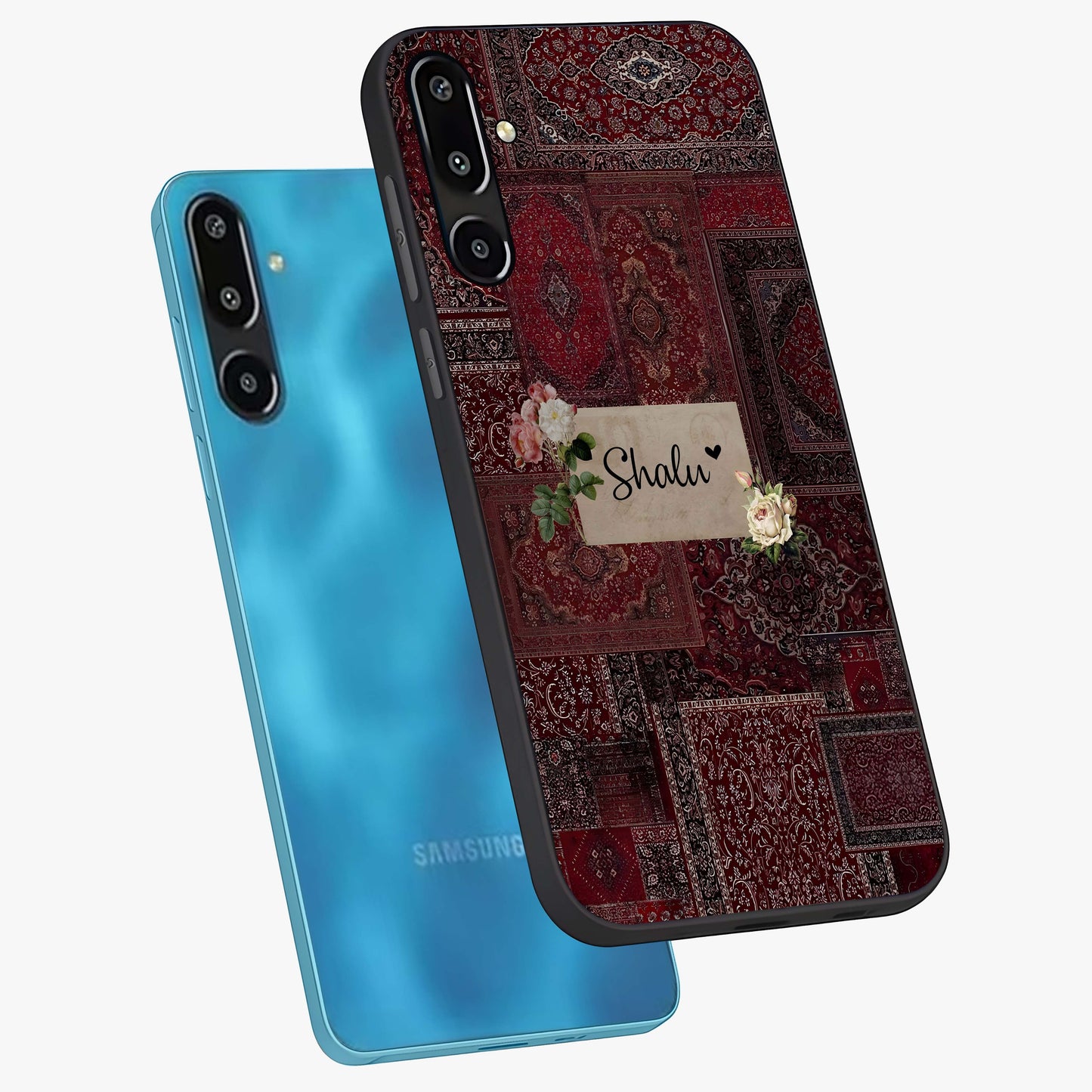Velvet Wine Pattern Custom Name Glass Case displayed in angled mockup highlighting decorative velvet inspired design with custom name feature.