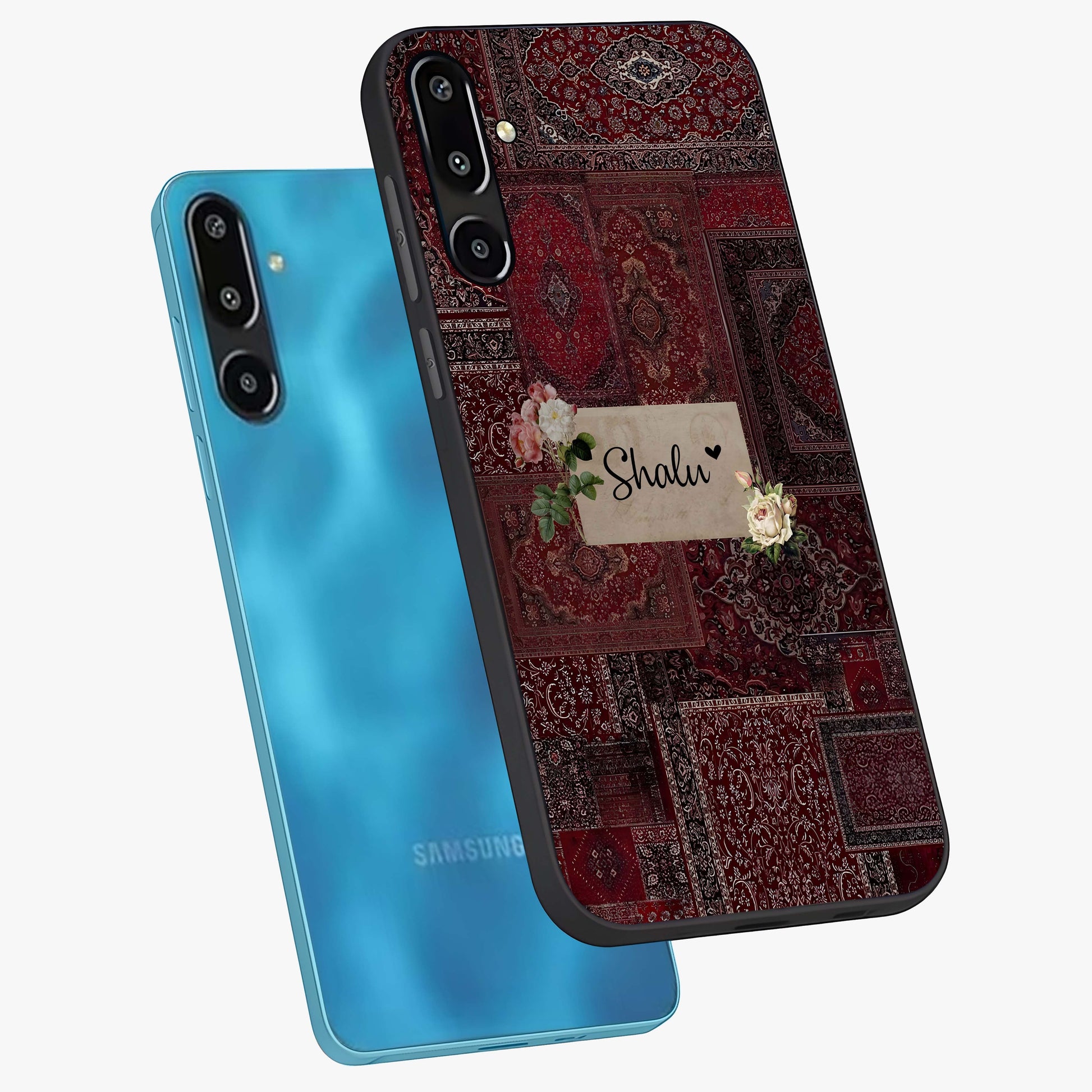 Velvet Wine Pattern Custom Name Glass Case displayed in angled mockup highlighting decorative velvet inspired design with custom name feature.