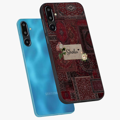 Velvet Wine Pattern Custom Name Glass Case displayed in angled mockup highlighting decorative velvet inspired design with custom name feature.