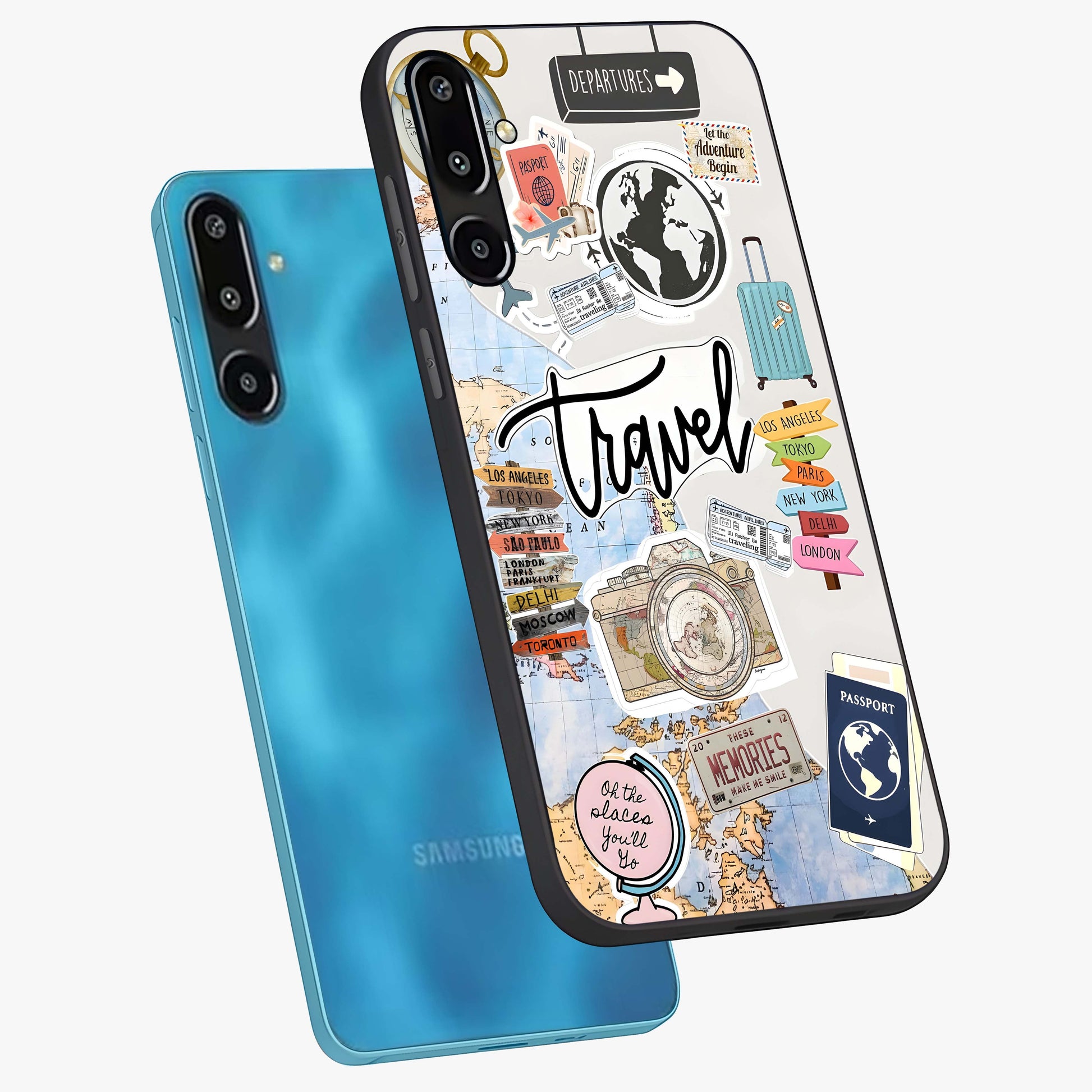 Wanderlust Journal Glass Case displayed in angled mockup highlighting adventure themed design with aesthetic travel vibe.