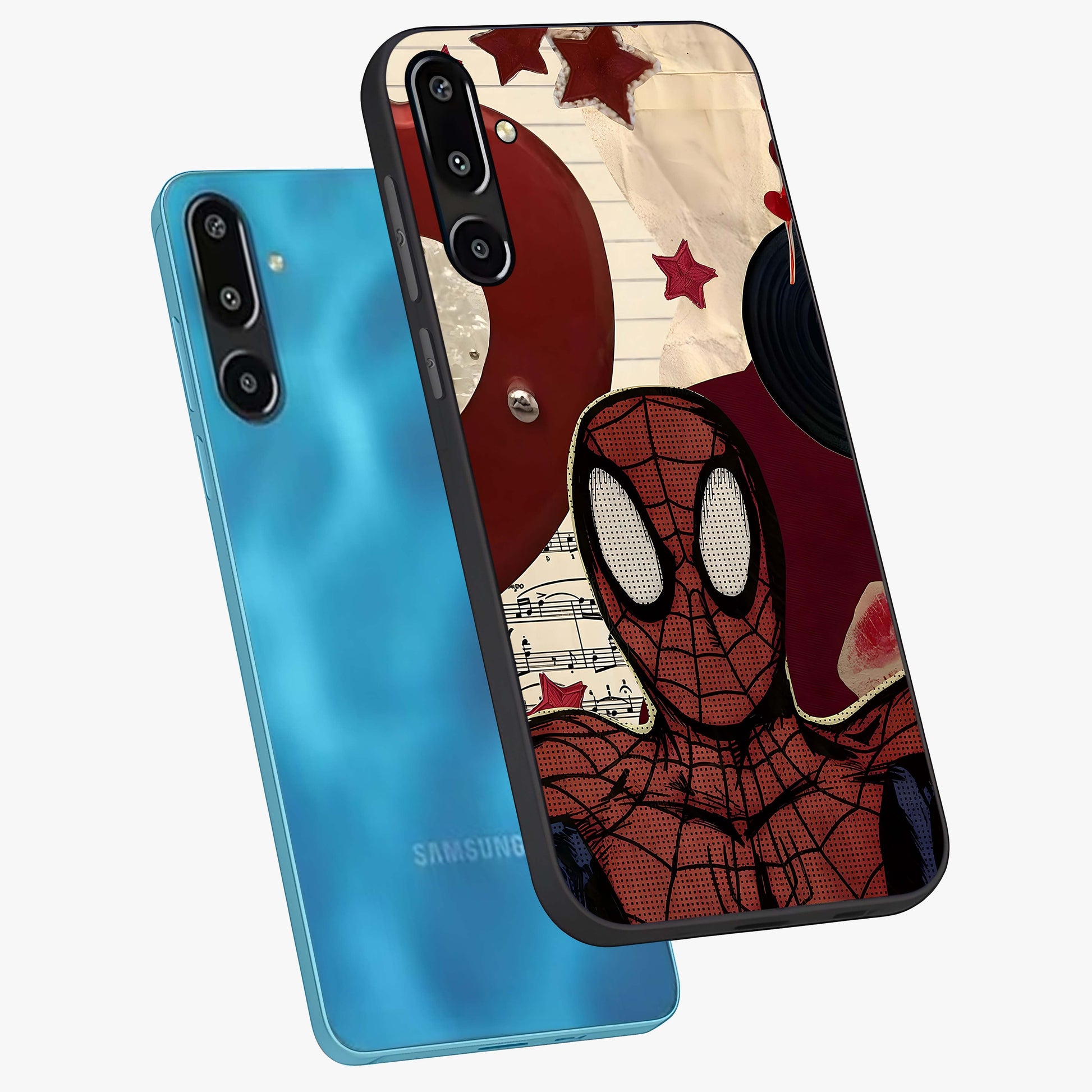 Web Warrior Vibes Glass Case displayed in angled mockup highlighting dynamic web design with comic style aesthetic.