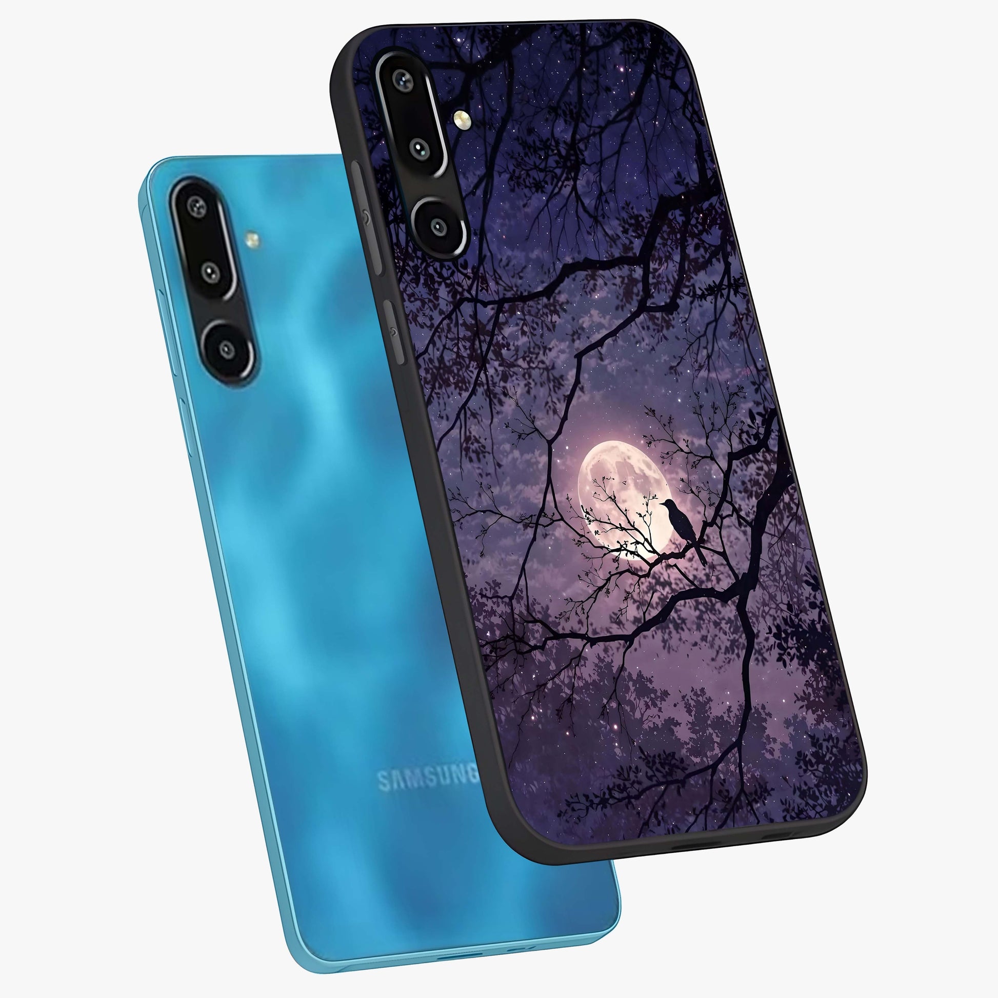 Whispering Moon Silence Glass Case displayed in angled mockup highlighting calm lunar design with dreamy night aesthetic.