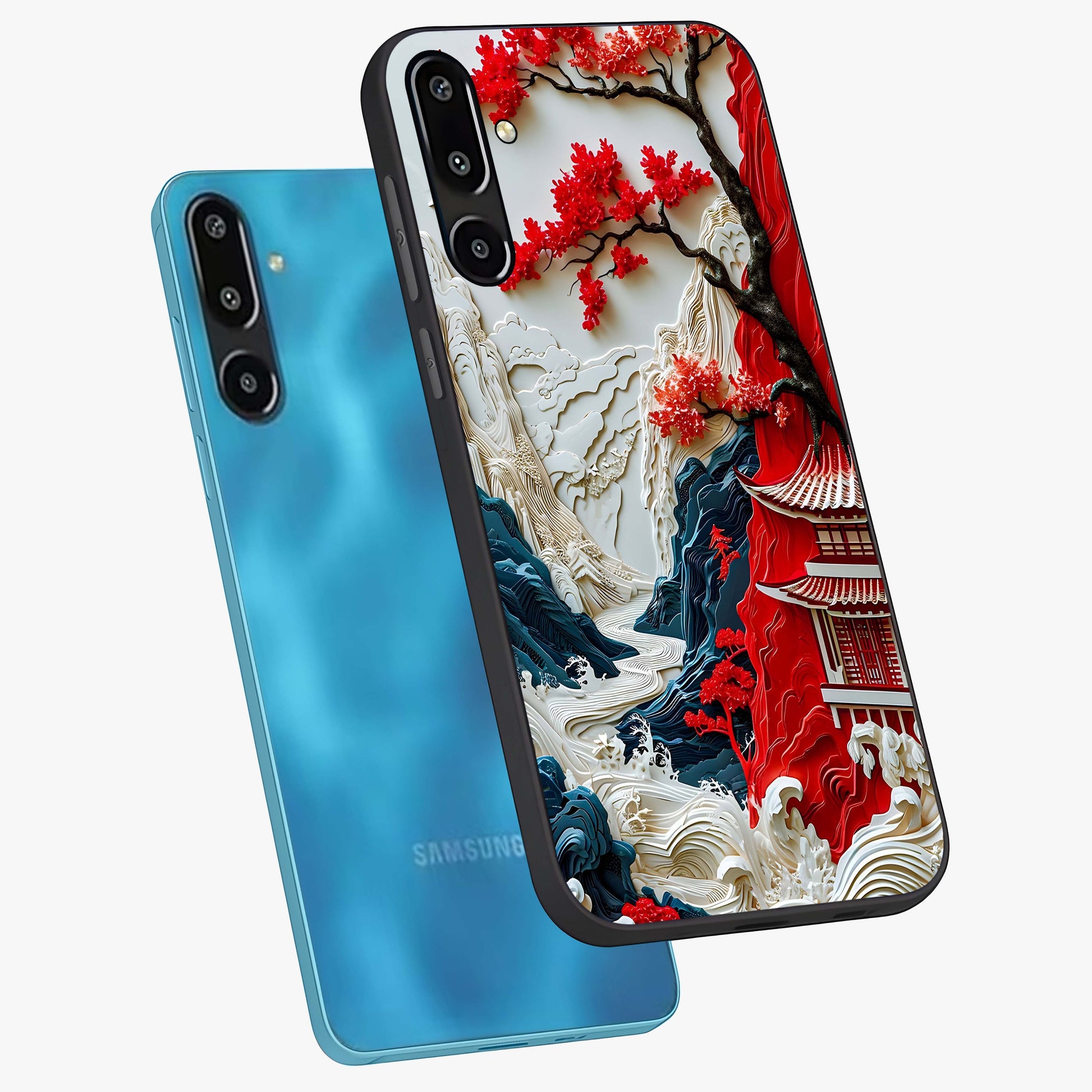 Whispers Of Sakura Waves Glass Case displayed in angled mockup highlighting flowing sakura design with soft floral aesthetic.