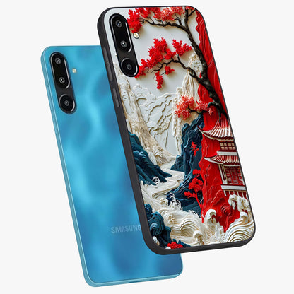 Whispers Of Sakura Waves Glass Case displayed in angled mockup highlighting flowing sakura design with soft floral aesthetic.